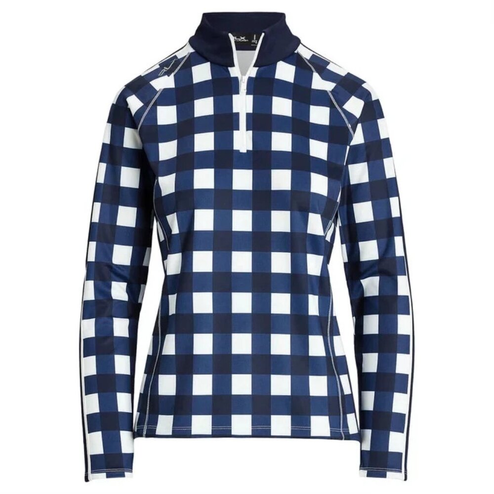 NWT RLX Ralph Lauren Women's Exploded Plaid Stretch Gingham 1/4 Zip Pullover